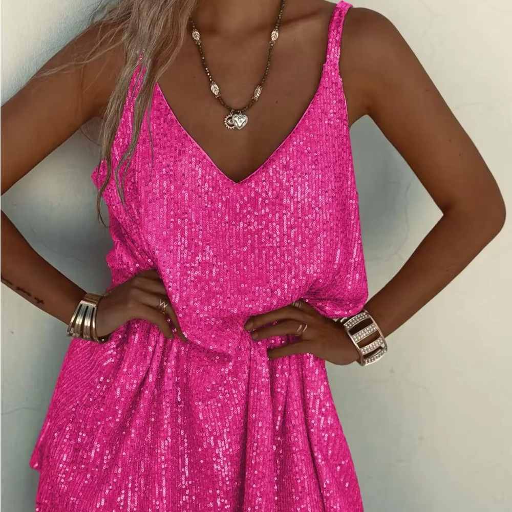 Pink Sequin Mini Dress V Neck Tunic Long Tank